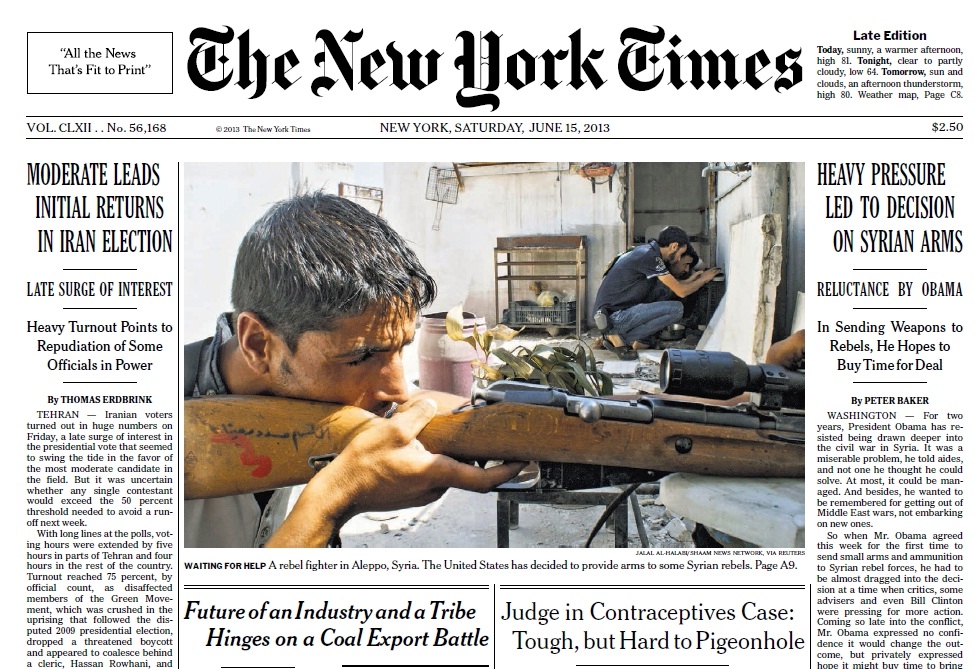 عکس خبري -بازتاب پيروزي روحاني در صفحه يک نيويورک تايمز به همراه عکسي از شورشيان سوريه